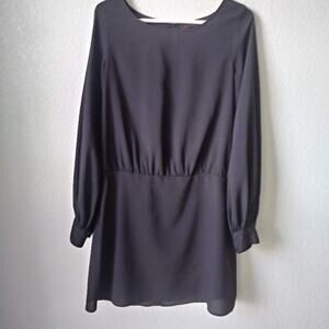 Leyendecker Black Mini Dress Women size 4 Long Sleeves Button Up Back Satin Look